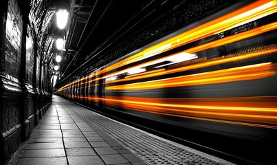 Obraz premium Blurred orange train speeding through dark, empty city station at night