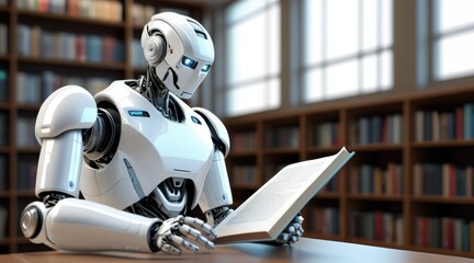 Fototapeta premium White Humanoid Robot Reading Book in Bright Library Setting