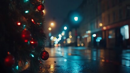 Christmas Tree Lights Shine Bright On A Rainy City Street