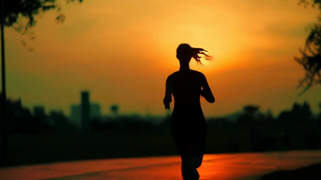 Female athlete running during golden hour in urban park