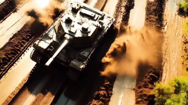 Tank Maneuvers Through Muddy Terrain During a Military Exercise in a Wooded Area. Generative AI