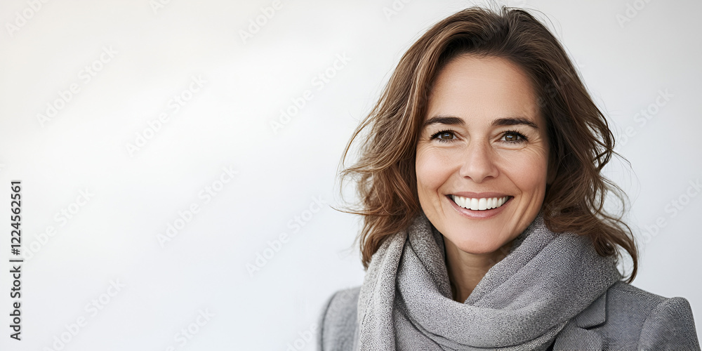 Wall mural Radiant Confidence: A mature woman with radiant skin and a genuine smile, wearing a soft grey scarf, radiates confidence and inner peace.  Her warm brown eyes reflect kindness and experience.