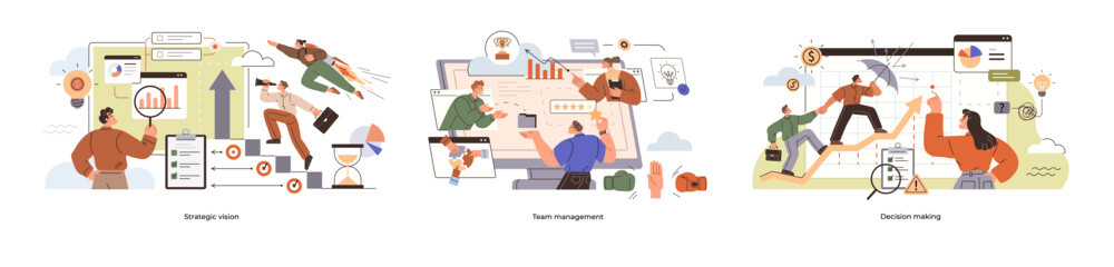 Team management strategic vision decision making. Teams brainstorming, managing tasks on dashboards coaching leadership. Teamwork concepts, productivity, management strategies, collaboration metaphor