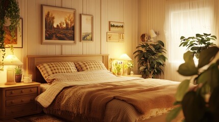 Warm and inviting bedroom with layered bedding, soft tones, and endless surroundings; cozy and detailed.