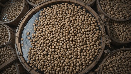 Obraz premium Roasted coffee beans soaking in a basket surrounded by full baskets