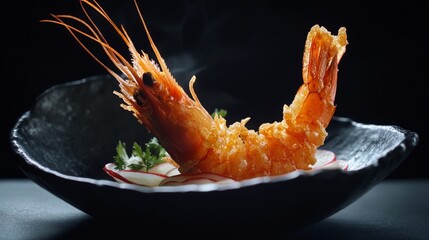 gourmet tempura prawns display, feather-light coating, sun-kissed golden exterior, modern black dinnerware, sliced root vegetable detail, professional studio lighting, rich dark environment, high-end