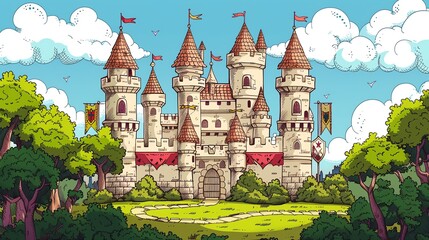 A cartoon style illustration of a large stone castle with towers and flags, surrounded by a lush forest with a blue sky overhead.
