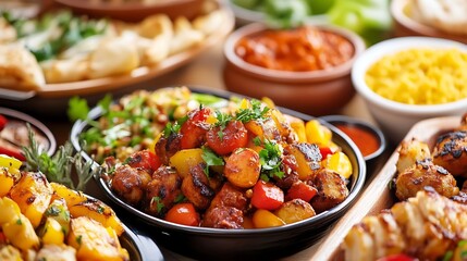 Closeup Vibrant Food Photography, Roasted Meat and Vegetables with Sauces, Colorful Dishes on Wooden Table