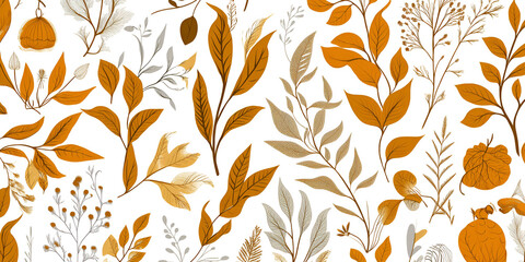 Autumnal Botanical Pattern: A delicate and intricate pattern of autumnal leaves, branches, and flowers in warm shades of orange, yellow, and brown.