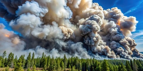 Thick grey smoke billows upwards from a forest fire amidst a clear blue sky with puffy white clouds, trees