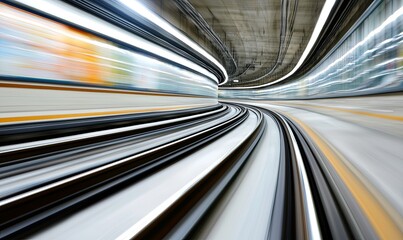 Blurred train speeding through curved tunnel, dynamic motion