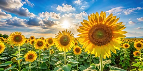 A lush meadow teeming with towering sunflower plants of varying heights and vibrant yellow petals that stretch towards the sky on a warm summer day, summer, flowers
