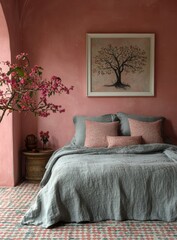 Cozy bedroom with pink walls and gray bedding, featuring artistic tree painting and floral decor