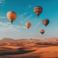 Fototapeta premium Colorful hot air balloons soar over a vast desert landscape under a vibrant blue sky.