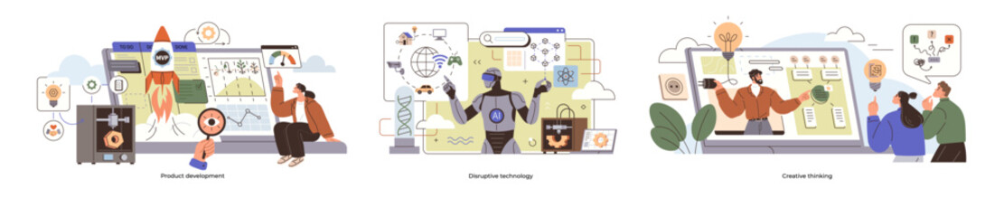 Product development Disruptive technology Creative thinking. Robot teamwork brainstorming. Ideal for business innovation, startup growth, teamwork, AI technology, creative solutions, strategy planning