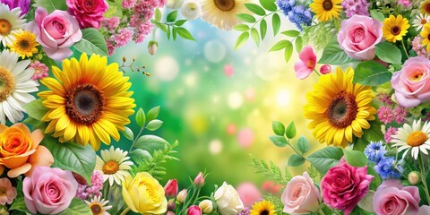 Beautiful floral background with vibrant flowers and lush greenery, featuring a mix of roses, daisies, and sunflowers in a soft, pastel color palette, spring elements, fresh flowers