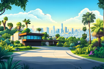 Obraz premium Suburban Home Nestled In Greenery With Palm Trees Framing A View Of A Distant Skyscraper City Skyline Under A Bright Sky. Generative AI