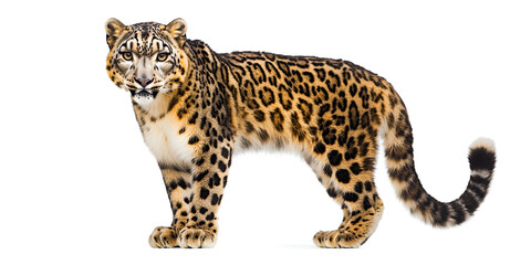 Fototapeta premium Majestic Snow Leopard Portrait: A stunning snow leopard, with its thick, spotted coat and piercing gaze, stands majestically, showcasing its elegance and power.&nbsp;