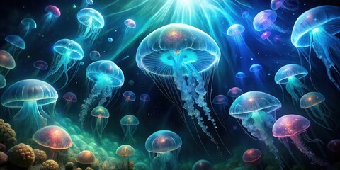 Naklejka premium Dark mysterious ocean depths with glowing jellyfish and bioluminescent plankton, plankton, deep sea, plankton