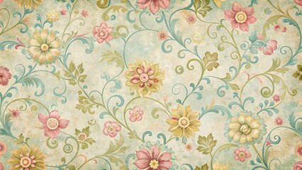 Swirly floral retro wallpaper with distressed edges and pastel colors, interior design