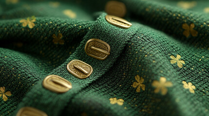 A textured fabric resembling a leprechaunâs suit, complete with a subtle golden buckle pattern and clover details.