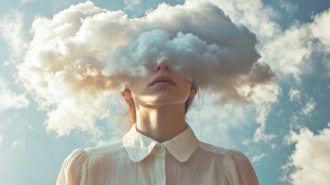 Surreal concept: woman with cloud covering face against blue sky and clouds