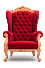 Elegant red velvet armchair with wooden legs. Santa's red velvet armchair isolated on white background