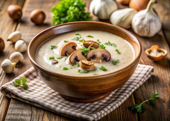 Creamy Mushroom Soup in Elegant Bowl - Delicious Homemade Restaurant Dish