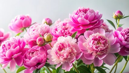 Fototapeta premium Colorful pink peonies in full bloom against a soft white background