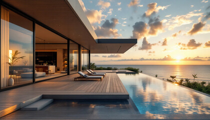 Fototapeta premium Luxury Beachfront Villa with Infinity Pool and Stunning Sunset View