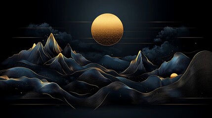 Golden Moonlit Mountainscape Artistic night scene, ideal for serene wallpaper or home decor