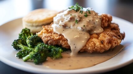 Chicken fried steaks with country style gravy broccolini and a biscuit