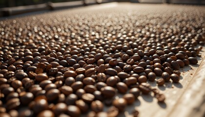 Obraz premium Roasted coffee beans are spread on a flat surface for drying in the sun