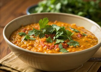 Creamy Red Lentil Dal, Indian Cuisine, Long Exposure Photography, Coriander Garnish, Vibrant Food