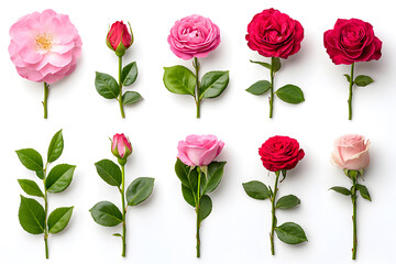 Pink and red rose flower collection, isolated on white background
