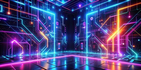 Obraz premium Code snippets on a neon-lit abstract background with glowing lines and futuristic shapes , programming