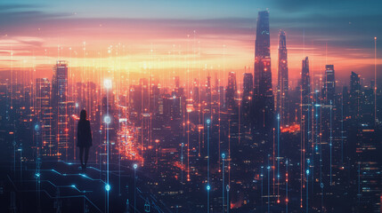 Fototapeta premium Abstract business woman stands on Smart digital Innovation city with connection network reciprocity over the twilight cityscape. of future wireless digital city and social media networking systems