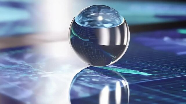 Transparent fluid ball rolling on reflective surface, smooth movement across shiny floor, fluid dynamics concept
