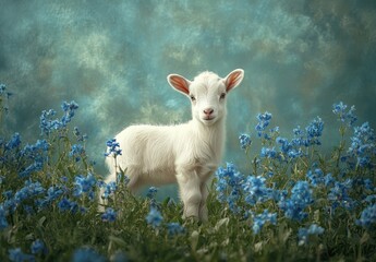 Obraz premium Adorable White Goat Kid Standing Among Vibrant Blue Wildflowers in a Serene Pastoral Scene with Soft Textured Background and Gentle Light
