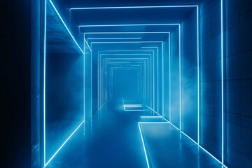 Obraz premium Futuristic corridor illuminated by blue neon lights, creating a surreal atmosphere with fog