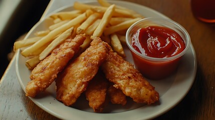 Chicken tender strips with french fries and tomato ketchup on a plate