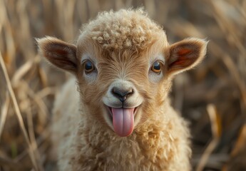 Obraz premium Adorable Young Lamb Sticking Out Its Tongue in Open Field Surrounded by Dry Grass, Capturing the Playful Spirit of Farm Life and Nature's Wonders