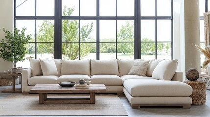 Modern Sectional Sofa in Bright Living Room with Large Windows