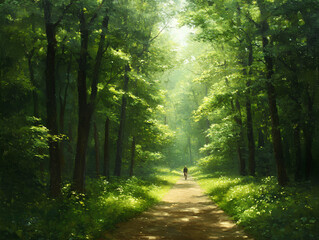Fototapeta premium Serene Forest Trail with Morning Sunlight and Peaceful Lone Hiker