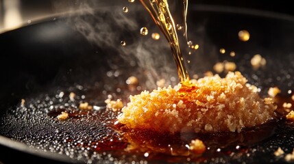 artisanal katsu cooking, honeyed curry stream, textured breadcrumb crust, active sauce bubbles, drifting steam elements, black pan backdrop, controlled lighting arrangement, professional kitchen