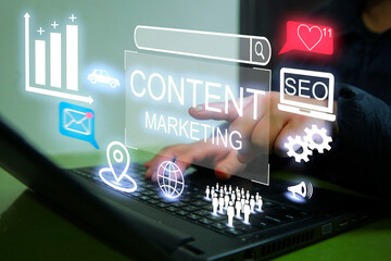 Content marketing concept. Content creator using computer for Containing seo, content, website, e-commerce, social media, AI, sales and online advertising, ads.