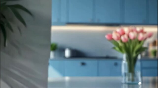 bouquet of tulips in transparent vase on the black kitchen
