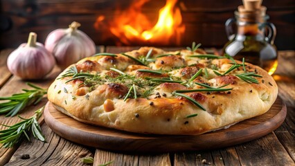 Crusty Italian focaccia bread topped with fragrant fresh rosemary leaves and minced garlic, freshly baked in a traditional wood-fired oven, rosemary, Italian focaccia