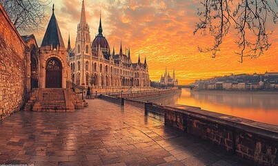 Budapest Parliament at sunrise with orange sky and Danube River