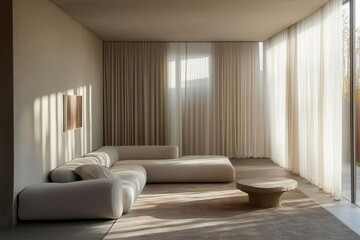 minimalist scandinavian living room featuring oversized floating white frame, plush gray sectional sofa, natural light streaming through sheer curtains